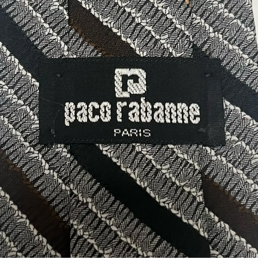 Paco Rabanne Paris Men’s Designer Tie Gray Black Striped Vintage Retro‎ Necktie
